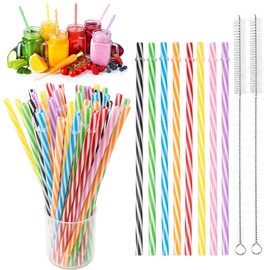 50 Stück Wiederverwendbare Strohhalme Trinkröhrchen plastik Bunte Kunststoff-Strohhalme Trinkhalme für Smoothies Saft, Cocktail, Heißgetränk, Mit ReinigungsbüRste Trinkhalm
