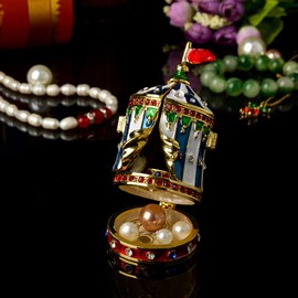 FJ FENGZHIJIE Circus House Trinket Box Gold Plated Enameled Vintage Jewelry Box with Crystal Accents, Hinged Keepsake Box for Rings & Bracelets, Unique Home Décor Gift for All Ages