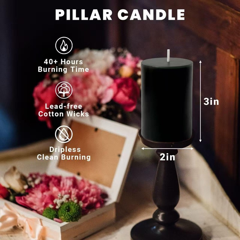 6 Pack 2x3 inch Pillar Candles, Black Unscented Votive Candle