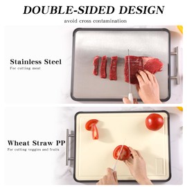 Kundita Stainless Steel Cutting Board, Double Sided Cutting Board for Kitchen, Built-in Juice Groove, Stainless Steel and Wheat Straw PP, Easy to Clean(16”×12”)