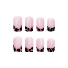 SINHOT Square Press on Nails Short Fake Nails Glossy Glue on Nails Leopard Print Acrylic Nails Bling Glitter Squoval Artificial Nails French Tip Stick on False Nails with Design 24 pcs