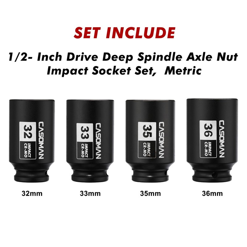 CASOMAN 1/2'' Drive Deep Spindle Axle Nut Impact Socket Set,