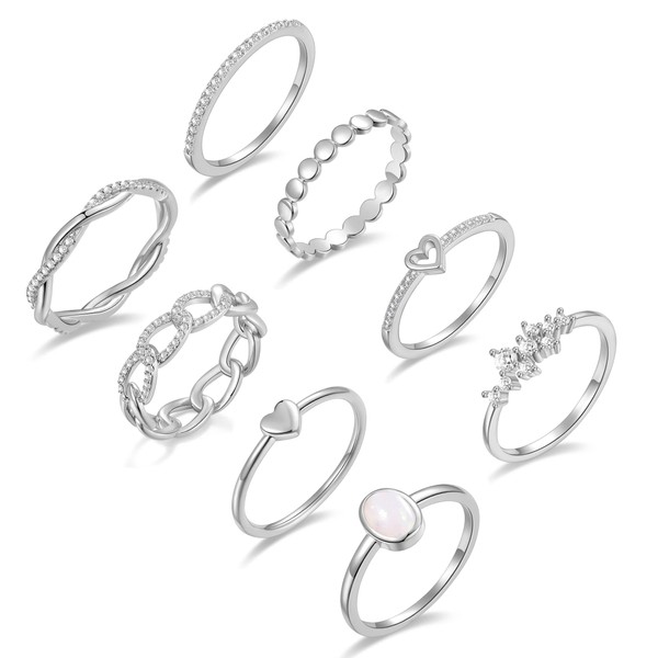 PLOMFOV Silver Plate Stacking Rings Set for Women CZ Heart