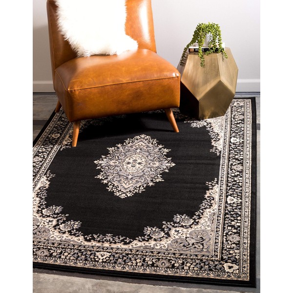 Unique Loom Reza Area Rug, 6 x 9 Feet, Black/Beige