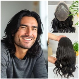 Hombres Tupé de cabello humano ondulado suelto for hombre, 30,5 cm x 25,4, monofilamento con encaje superior poliuretano alrededor la base, prótesis capilar masculina Postizo