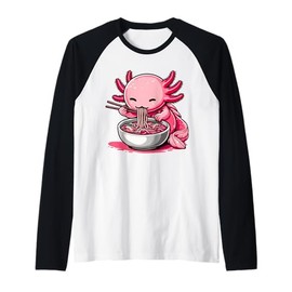 Funny Axolotl Eating Japanese Food Ramen Noodles Bowl Raglan Baseball Tee