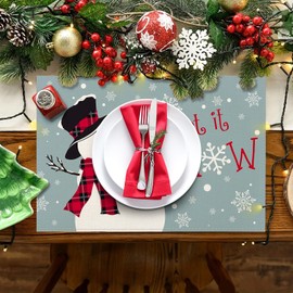Ohok Christmas Placemats, Washable, Set of 4, Polyester Linen Place Mats, 30 x 45 cm, Christmas Table Coasters, Place Mats for Kitchen, Dining Table, Hotel, Christmas Table Decoration (Snowman Grey)