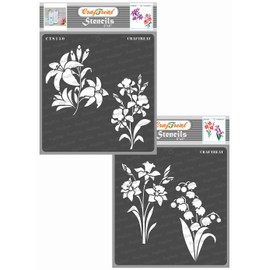 CrafTreat Reusable Flower Stencils for Painting on Wood, Canvas, Paper, Fabric, Floor, Wall and Tile - Lily and Iris and Daffodil and Bell Flower - 2 Pcs - 6x6 Inch Each - DIY Art and Craft Stencils