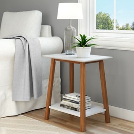Plank+Beam Wooden Side Table with Storage, Mid Century Modern End Tables for Living Room, Small Solid Wood Nightstand, Bedside Tables, Bedroom Furniture, White/Pecan