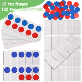 Soulchen 12 Sets Plastic Ten Frames for Classroom Math Manipulatives for Kids Classroom Math Counters Supplies Including12 Plastic Ten Frames, 120 Red Blue Counters for Teach Number Concepts