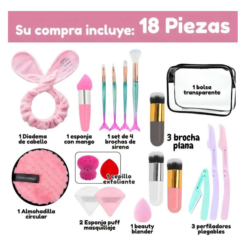 Cosmetiquera Transparente Brocha Esponja Maquillaje 18pzs