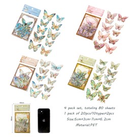 Arpaper Scrapbook Accessories Stickers 80 Pieces, Laser Bullet Journal Sticker, PET Scrapbooking Accessories, Glitter Resin Set, Scrapbooking Sticker, Decoration for Wedding, Photo Album (Butterfly,