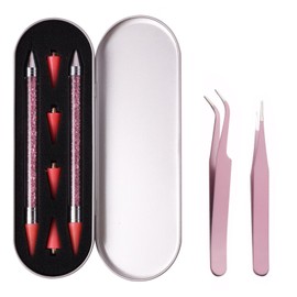 Rhinestone Picker Tool 2pcs, Wax Pencil For Rhinestones Rhinestone Applicator Pen Tools Gem Picker Bedazzler Tool with 4 Replacement Wax Tips 1PC Curved Tweezers and 1PC Straight Tweezers