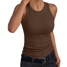 Trendy Queen Womens Tank Tops Summer Workout Racerback Ribbed Shirts Beach Vacation Outfits Spring Fashion Y2k Clothes Coffee XL