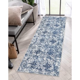 Lahome Moroccan Floral Washable Hallway Runner Rug, 2x6 Blue Kitchen Runner Rug with Rubber Backing, Bathroom Runner Rug Non Slip Carpet Runners Rugs for Bedroom Laundry (Blue 2'x6')