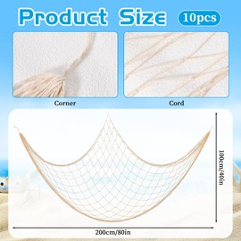 10 Pieces Natural Fish Net Decoration, Wall Hangings Cotton Decorative Fishnet Beach Decorations Mermaid Nautical Hawaii Luau Ocean Themed Wall Hanging Bash Decoration Supplies (Beige)