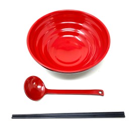 TJ Global 48 Ounce Red and Black Large Melamine Japanese Ramen Noodle Soup Bowl Set Hard Plastic Dishware for Udon Soba Pho Asian Noodles - D8" x H4", Comes with chopsticks and spoons (1 Set)