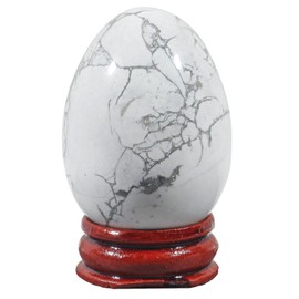 Ladeukoi Stone Egg Figures, Polished Healing Crystal Easter Eggs Ball Sculpture with Wooden Stand, 45 mm Large, White Howlite Turquoise