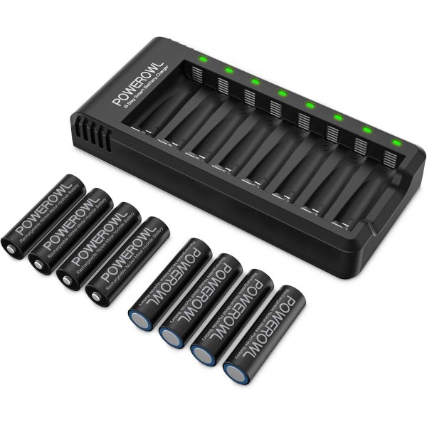 POWEROWL Rechargeable AA Batteries with Charger, POWEROWL 8 Pack of