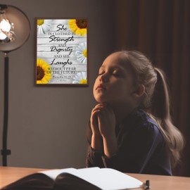 Strength & Dignity - Sunflower Christian Decor 8x10 Unframed, Proverbs Inspirational Bible Verse Wall Art for Living Room, Bedroom, Church, and Room Aesthetic