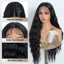 NOBLE Long Wavy Lace Front Wig Black Lace Wigs for Women 30 Inch Middle Part Synthetic Wig Heat Resistant Fiber Wigs for Daily Party Use