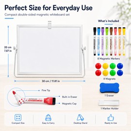 Foldable Desktop Magnetic Whiteboard 20x30 cm, Double Sided Dry Erase Board with Sturdy White Frame and Stand, 8 Pens, Eraser, 8 Round Magnets, Portable A4 Mini Writing Board for Home, Office, School