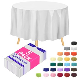 Hereisa White Round Disposable Plastic Tablecloth 84 Inch [5-Pack] - Waterproof, Oil-Resistant for Parties & Events