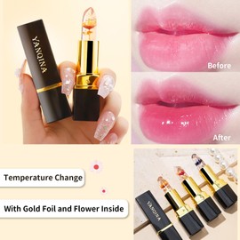 JIAYUTONG Color Changing Flower Lipstick - Hydrating Jelly Lip Balm with Flower Inside, Long Lasting Moisturizing Gloss, Nourishing Lip Care (Black Tube-Red)