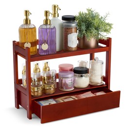 Sorbus Bamboo Bathroom Counter Organizer – 2-Tier Shelf with Hidden Drawer for Vanity, Matcha Station, Bathroom Sink Organizer Countertop, Kitchen & Office Storage (17″ L x 6.5″ W x 12.6″ H) (Brown)