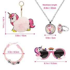 Hifot 18 Pieces Unicorn Drawstring Backpack Jewellery Set for Girls, Gift Bags, Party Bags, Sunglasses, Makeup Bag, Necklace, Keyring, Bracelet for Children, Party, Birthday, rose