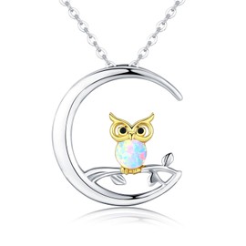JUSTKIDSTOY - Collar de búho de plata de ley con ópalo de búho con colgante de luna creciente, regalo para mujeres amantes del búho, para el día de la madre, Gema Plata esterlina Piedra preciosa Plata