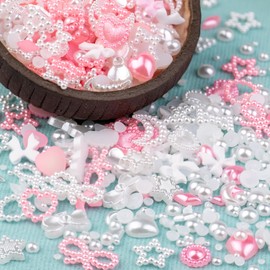 600Pcs 3D Multi Shapes Nail Charms and Flatback Pearls, White&Pink Mix Styles Heart Star Bow Sunflower Embellishments for Nail Art, Craft and Decoration with Tweezer and Pickup Pencil