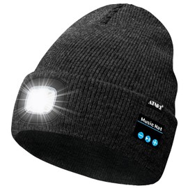 ATNKE LED Lighted Bluetooth Beanie Hat,USB Rechargeable 4 LED Wireless Music Running Headlamp Cap Gift for Men and Women/#Dark Grey
