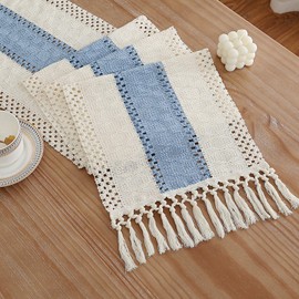 Boho Macrame Table Runner with Tassels 72 Inches Long, Blue/Beige Boho Fall RusticTable Runner, Farmhouse Woven Fall Home Decor Rustic Bridal Shower