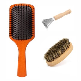 VOVKUNYU Wooden Paddle Hair Brush – Boar Bristle Solution for Curly Hair, Enhanced with a Dedicated Hair Brush Cleaner Tool (brown)