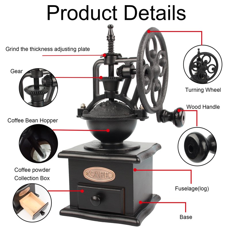 Coffee Grinder,Wooden Coffee Bean Grinder Manual Coffee Grinder Roller, Antique