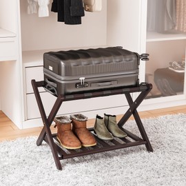 Smart FENDEE Fully Assembled Bamboo Luggage Rack, Folding Suitcase Stand with 5 Nylon Straps, Luggage Holders with Shelf, Ideal for Guest Room, Bedroom, Hotel, Espresso