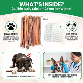 Bully Bark 100% Natural 6 Inch, 24 Count, Thin Bully Sticks for Dogs, Grass-Fed Beef, Dog Bully Stick for Small and Medium Dogs - Grain and Rawhide Free Bully Stick Dog Chews