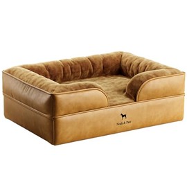 NOAH & PAW Dog Bed, 28x23x11 Inch, Orthopedic Dog Beds for Medium Size Pets, Eggshell Memory Foam Infused with Cooling Gel, Inner Cover, Waterproof, Machine Washable (Vegan Leather Sofa Collection)