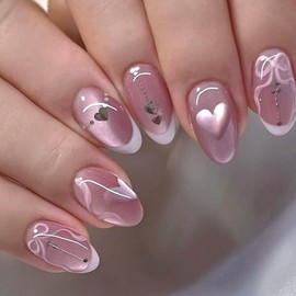 Hkanlre Almond Fake Nails Tips Shiny French Press on Nails Medium Full Cover Cat Eyes Pink False Heart Nails for Women 24PCS