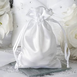 TABLECLOTHSFACTORY 12PCS White Satin Gift Bag Drawstring Pouch Wedding Favors Bridal Shower Jewelry Bags - 4"x 6"