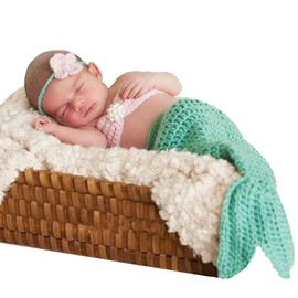 Xanewza 3 Pieces Newborn Photography Prop Mermaid Outfit Baby Photo Props Handmade Crochet Mermaid Tail Outfit Baby Mermaid Costume Set Headband Bra Tail