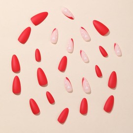 Red French Tip Press on Nails with Heart Artificial Valentine's day Almond Fake Nails with White Heart Designs Matte Full Cover Acrylic Medium False Nails with Glue Stick on Fingernails for Women