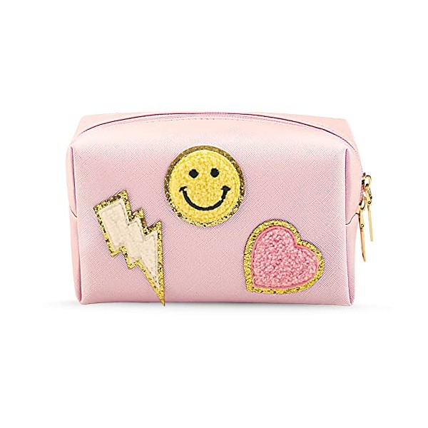 DOUBLE-N Preppy Patch Small Toiletry Bag Smile Lightning Heart PU Leather Pink Cute Makeup Brush Bag Waterproof Travel Organizer Cosmetic Bag Zipper Pouch for Women Girls Gift