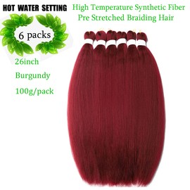 Pre Stretched Braiding Hair Extensions 26 Inch 6 Packs Braid Hair Prestretched Crochet Braids Hair Hot Water Setting High Temperature Synthetic Fiber Premium Yaki Texture(26inch,Burgundy)