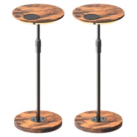 MAHANCRIS Set of 2 Round Drink Table, Small Side End Table, Adjustable-Height Martini Table with LED Light and Cup Mat for Small Spaces in Living Room, Bedroom, Sofa Couch, Rustic Brown and Black