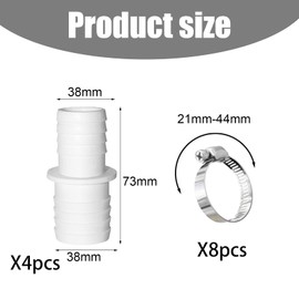DHWEKU Pool Hose Connector 38 mm, Hose Connector 38 mm to 38 mm, Pool Adapter with 8 Stainless Steel Hose Clamps, Adapter for Pool Hose, Double Hose Nozzle, Pack of 4