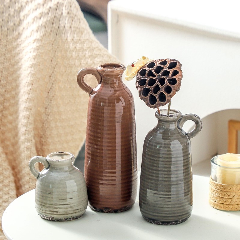 Ceramic Vases Set of 3, Neutral Rustic Farmhouse Vase with