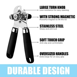 Can Opener Manual with Magnet, Stainless Steel Heavy Duty Handheld Strong Can Opener with Soft Touch Handle, Kitchen Tool Accessories, Can Openers with Multifunctional Bottle Opener（Black）