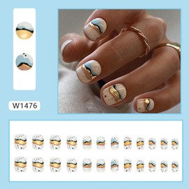 White Press on Nails Short Square Cute Fake Nails Press ons Spring Nail Art Tips Full Cover False Nails with Quicksand Gold Foil Glitter Design Glue on Nails Kit Acrylic Set for Women 24 Pcs